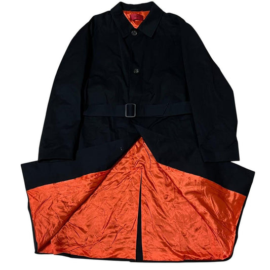 HUGO BOSS ヒューゴボス 総柄 ベルト付き ブラック オレンジ コットン ステンカラーコート メンズ AB