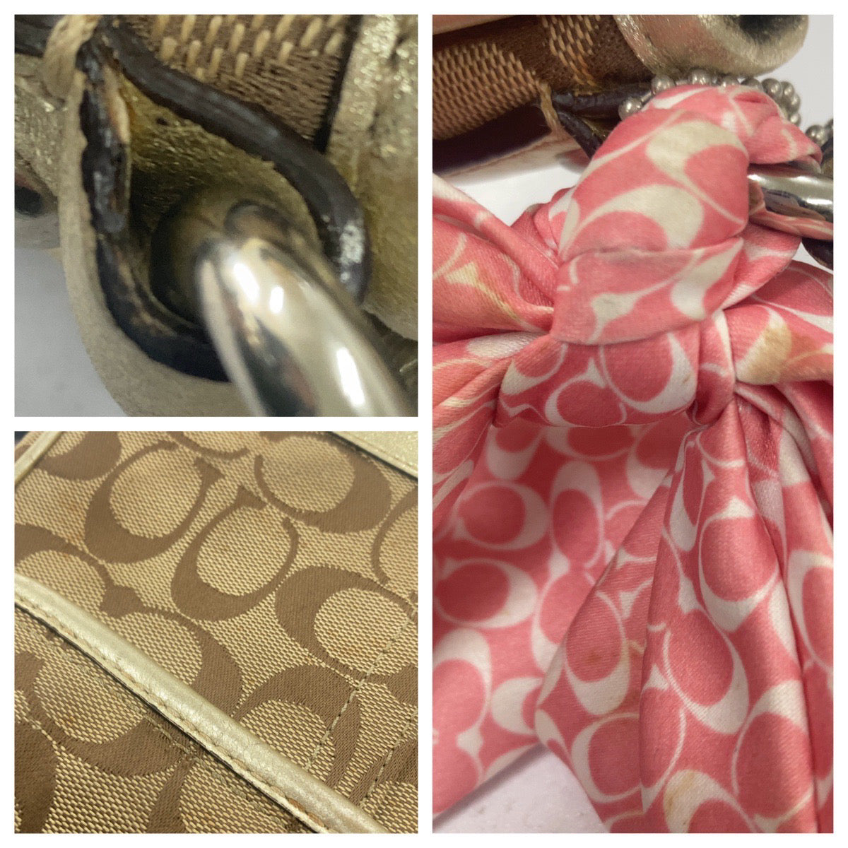 12715
COACH コーチ シグネチャー スカーフ付き ベージュ シルバー金具 キャンバス / レザー ショルダーバッグ ポシェット 斜め掛け可能  レディース