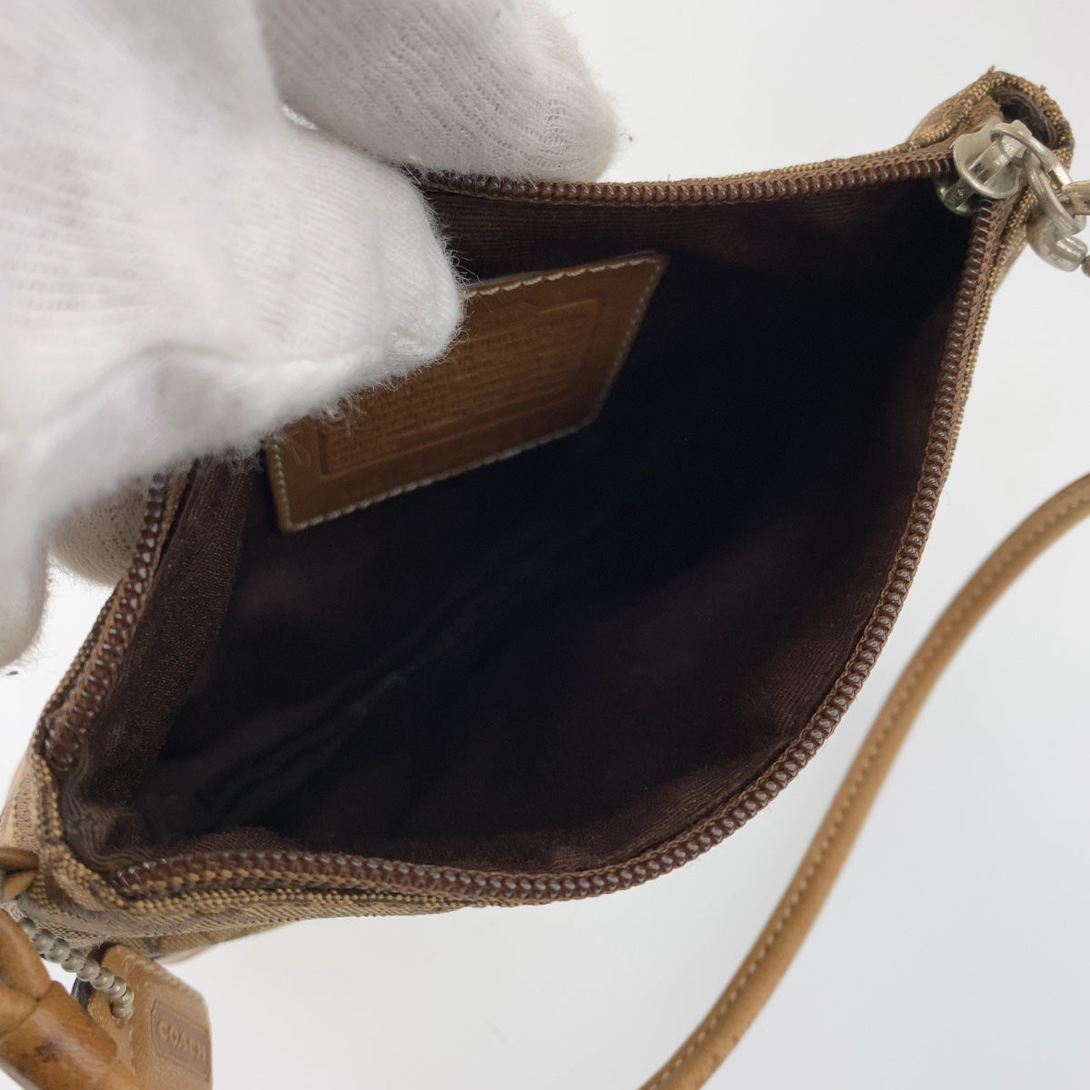 COACH コーチ シグネチャー ブラウン レザー / キャンバス ポーチバッグ 化粧ポーチ 小物入れ  レディース