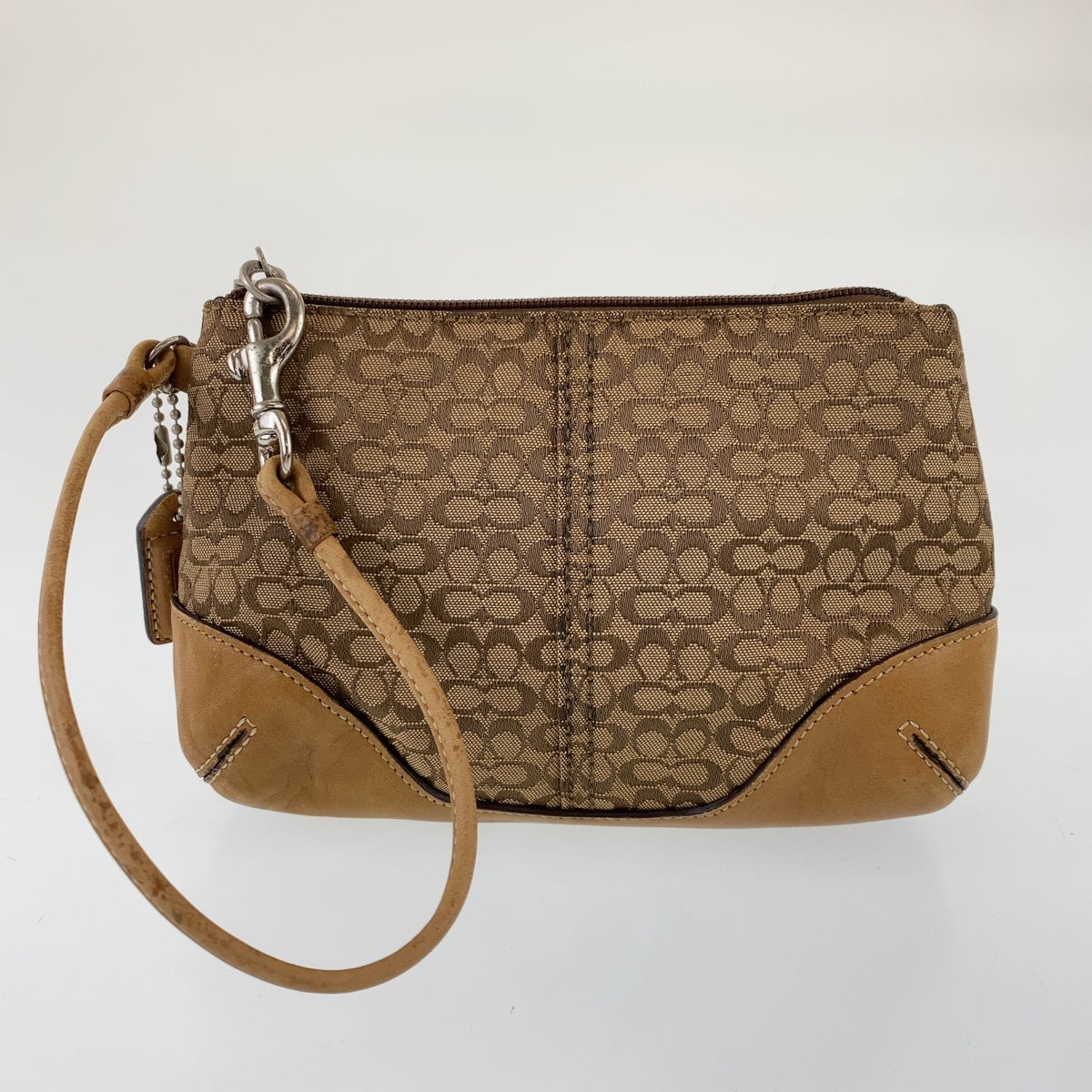 COACH コーチ シグネチャー ブラウン レザー / キャンバス ポーチバッグ 化粧ポーチ 小物入れ  レディース