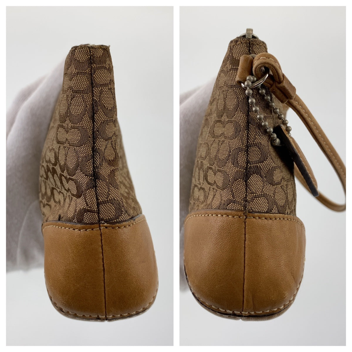 COACH コーチ シグネチャー ブラウン レザー / キャンバス ポーチバッグ 化粧ポーチ 小物入れ  レディース