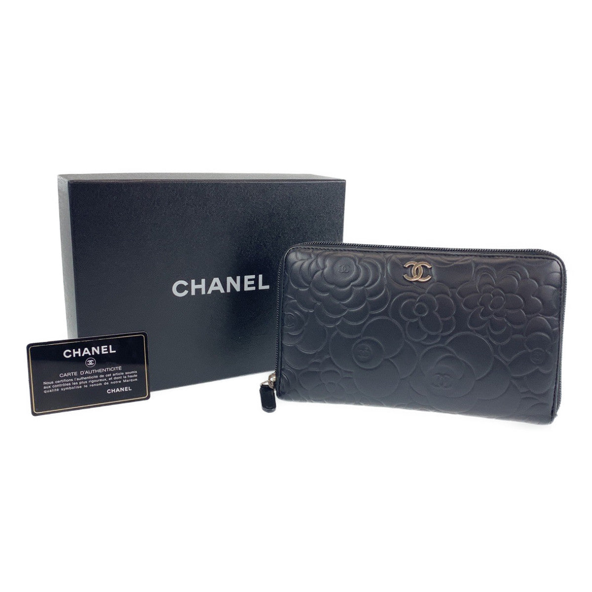 B-077
CHANEL シャネル カメリアライン ココマーク ブラック ゴールド ラムスキン 長財布 札入れ  レディース
