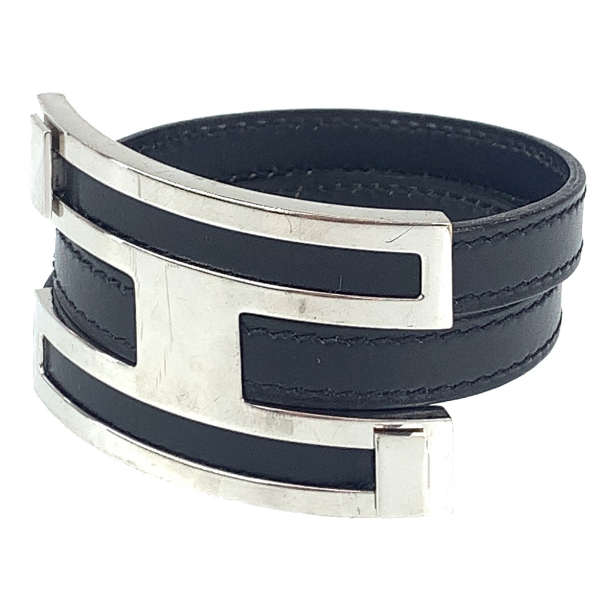 B-095
HERMES エルメス プスプス ブラック 黒 シルバー金具 レザー / メタル バングル ブレスレット □B刻印  レディース