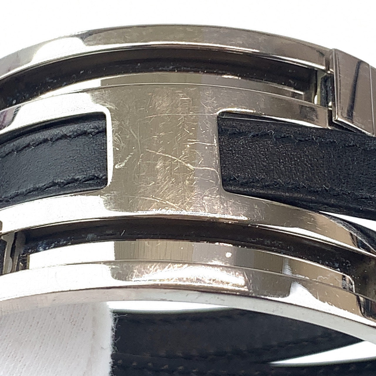 B-095
HERMES エルメス プスプス ブラック 黒 シルバー金具 レザー / メタル バングル ブレスレット □B刻印  レディース