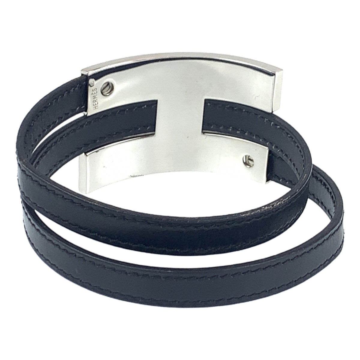 B-095
HERMES エルメス プスプス ブラック 黒 シルバー金具 レザー / メタル バングル ブレスレット □B刻印  レディース