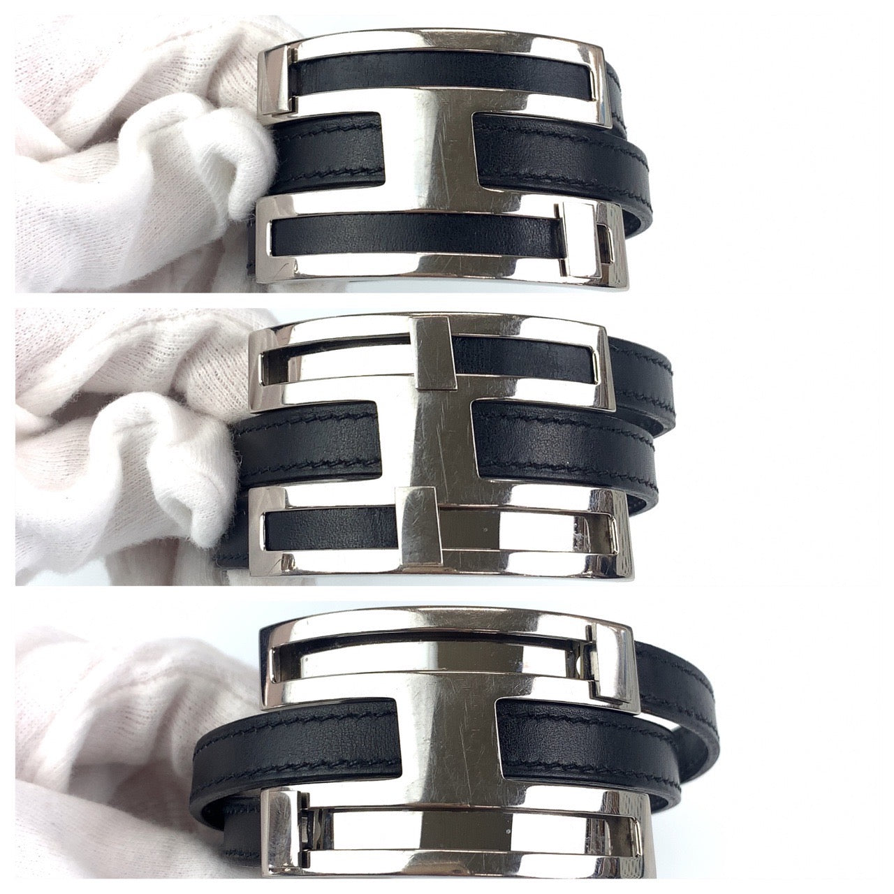 B-095
HERMES エルメス プスプス ブラック 黒 シルバー金具 レザー / メタル バングル ブレスレット □B刻印  レディース