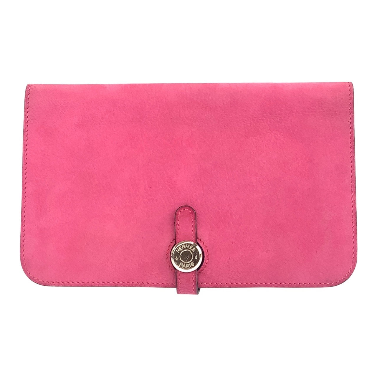 B-090
HERMES エルメス ドゴンGM ヴォーエバーソフト ピンク ショッキングピンク シルバー金具 スウェード 二つ折り財布 札入れ □L刻印  レディース