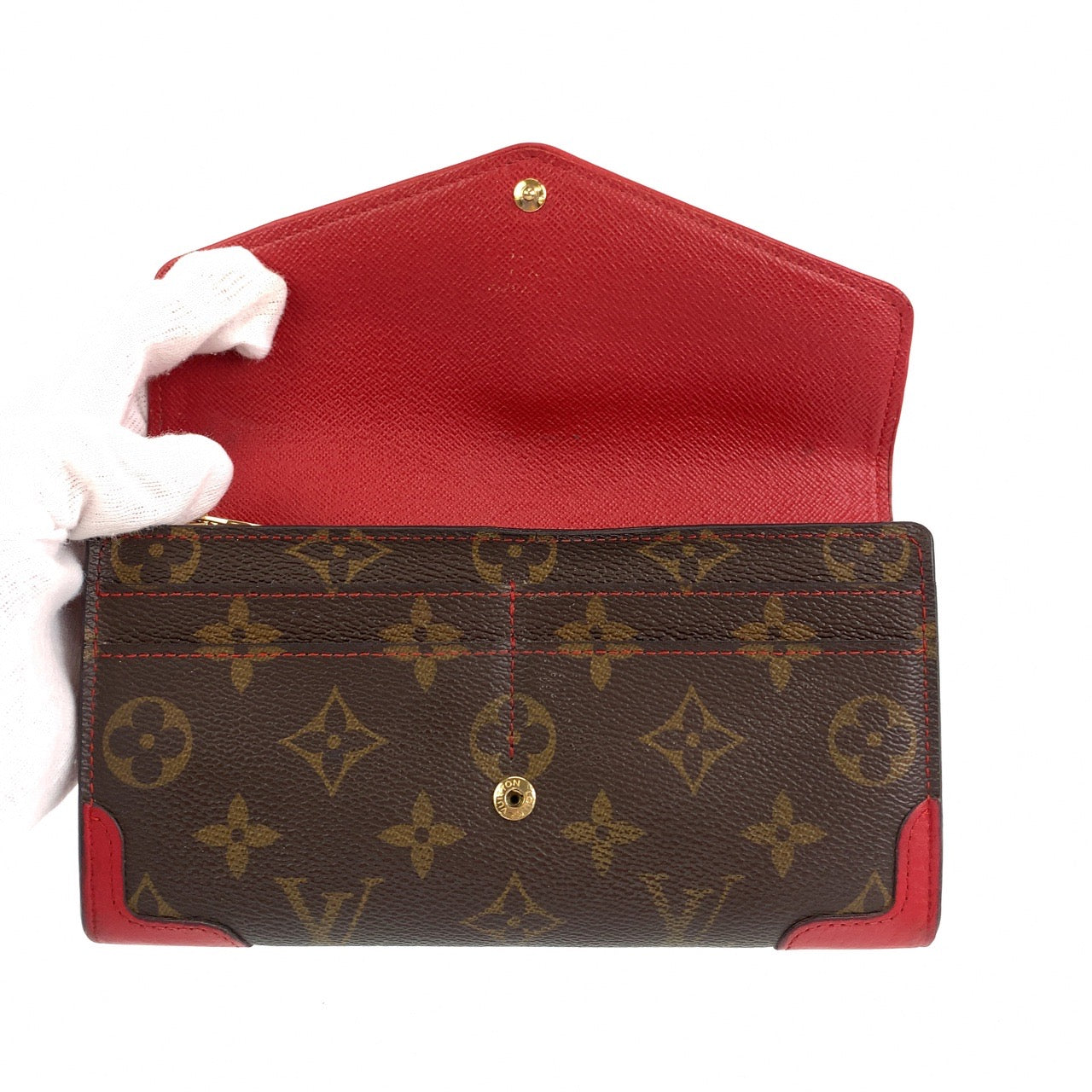 B-049
LOUIS VUITTON ルイヴィトン モノグラム ポルトフォイユ サラ レティーロ スリーズ ブラウン 茶 レッド 赤 レザー M61184 長財布 札入れ  レディース