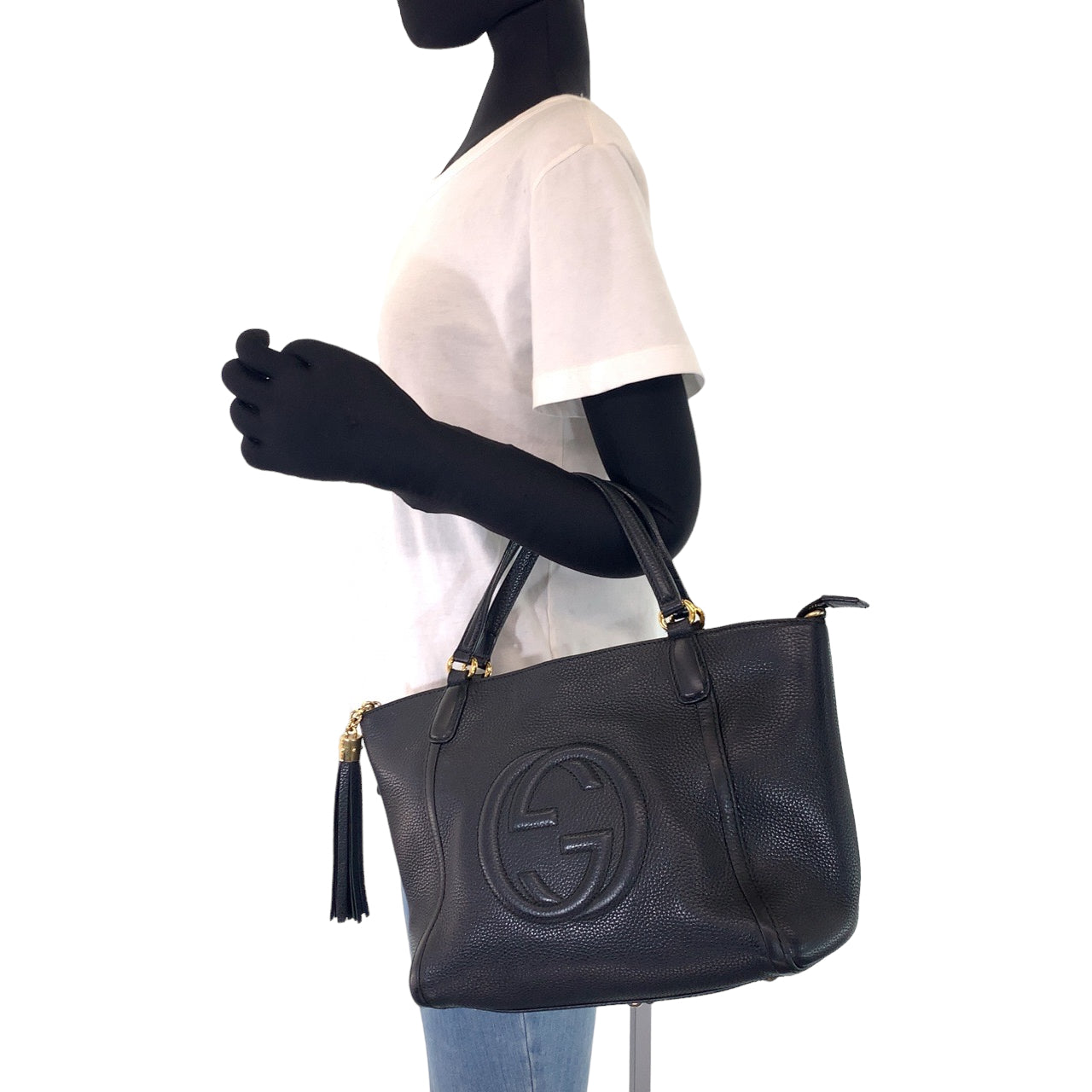 H-0113
GUCCI グッチ ソーホー インターロッキング フリンジ ブラック 黒 ゴールド金具 レザー 369176 ハンドバッグ トートバッグ  レディース