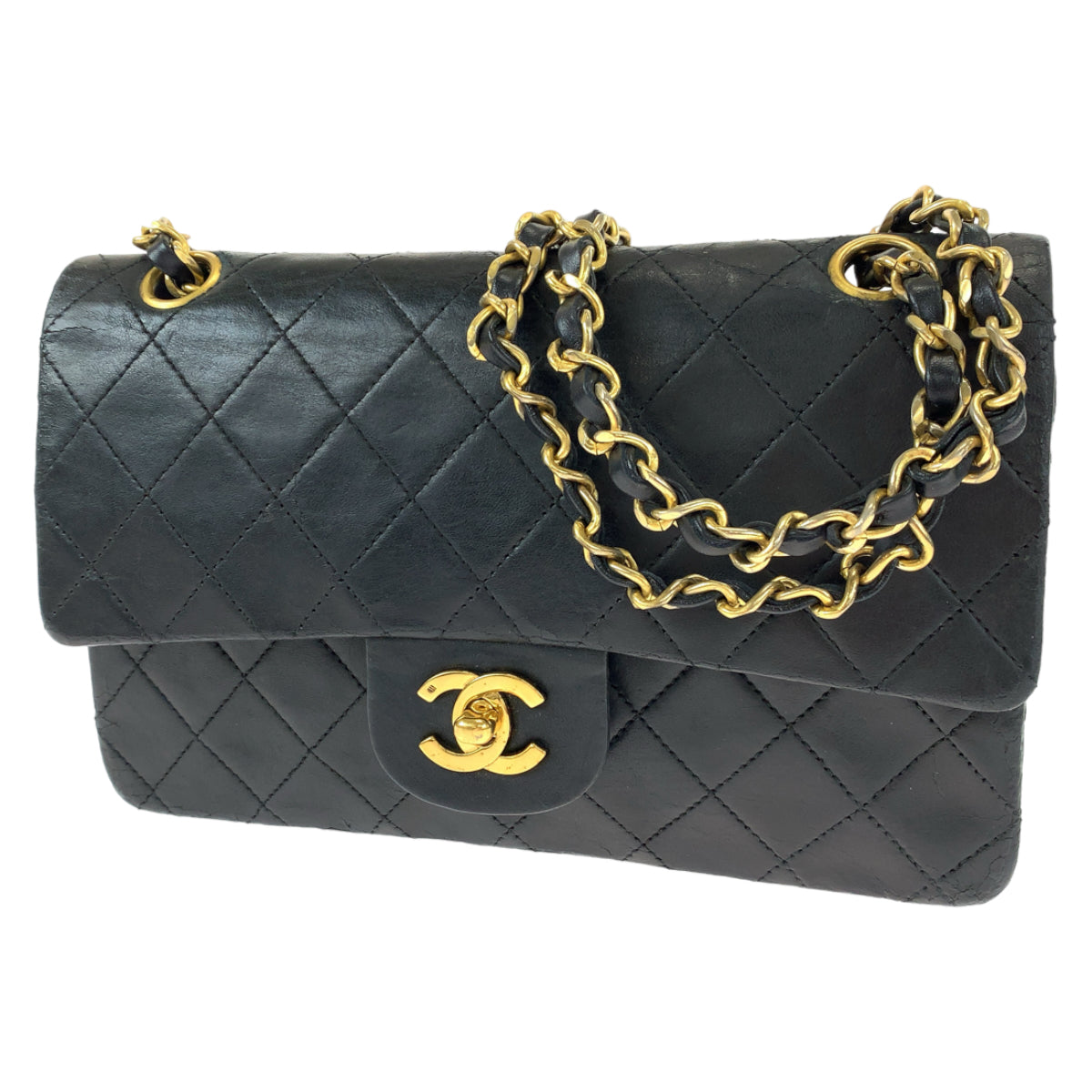 CHANEL シャネル ヴィンテージ マトラッセ23 ダブルフラップ タイムレス ココマーク ターンロック ブラック 黒 ゴールド金具 ラムスキン Wチェーンショルダーバッグ 肩掛け  レディース
