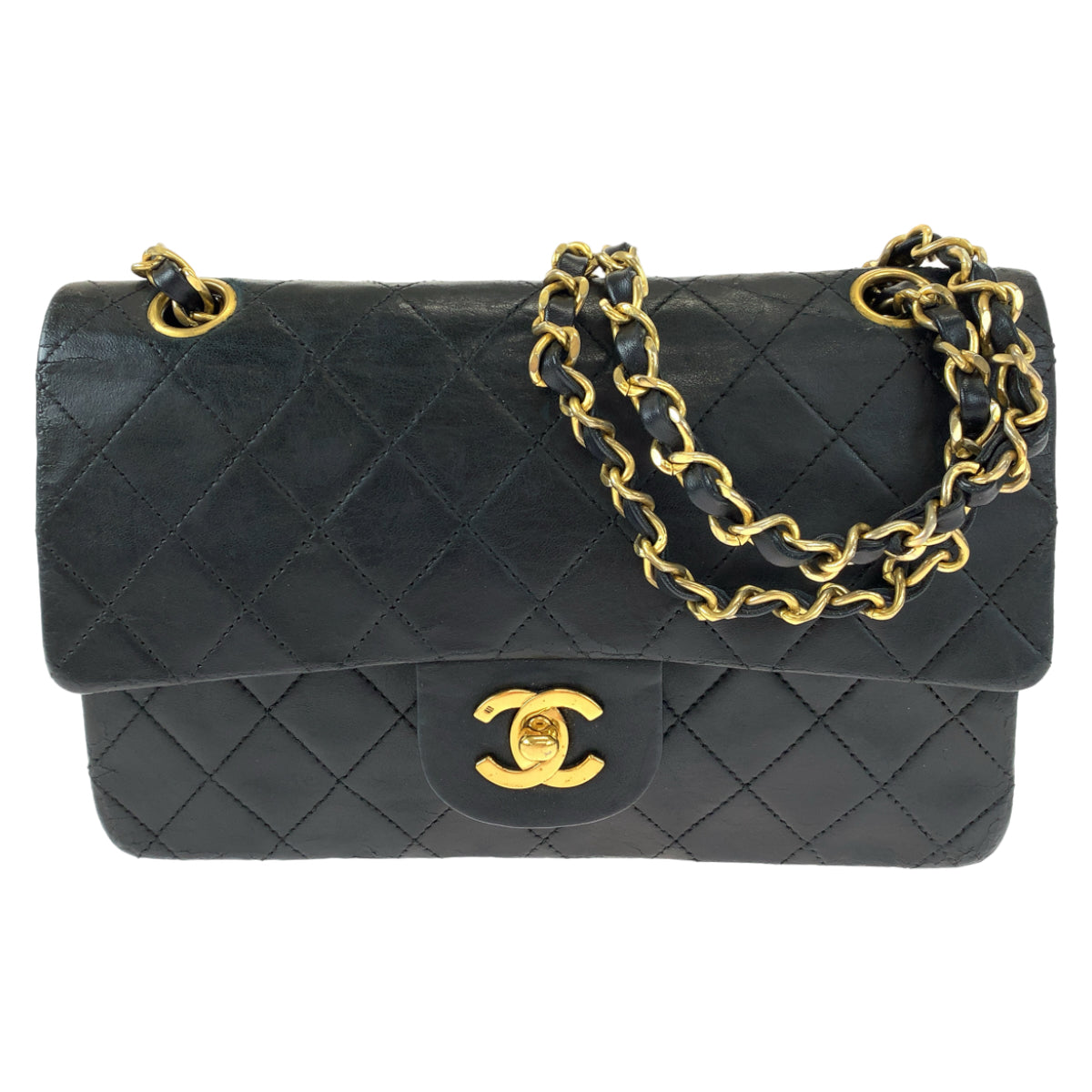 CHANEL シャネル ヴィンテージ マトラッセ23 ダブルフラップ タイムレス ココマーク ターンロック ブラック 黒 ゴールド金具 ラムスキン Wチェーンショルダーバッグ 肩掛け  レディース