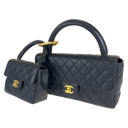 H-0154
CHANEL シャネル ヴィンテージ マトラッセ 親子バッグ ココマーク ターンロック ブラック 黒 ゴールド金具 ラムスキン ハンドバッグ  レディース