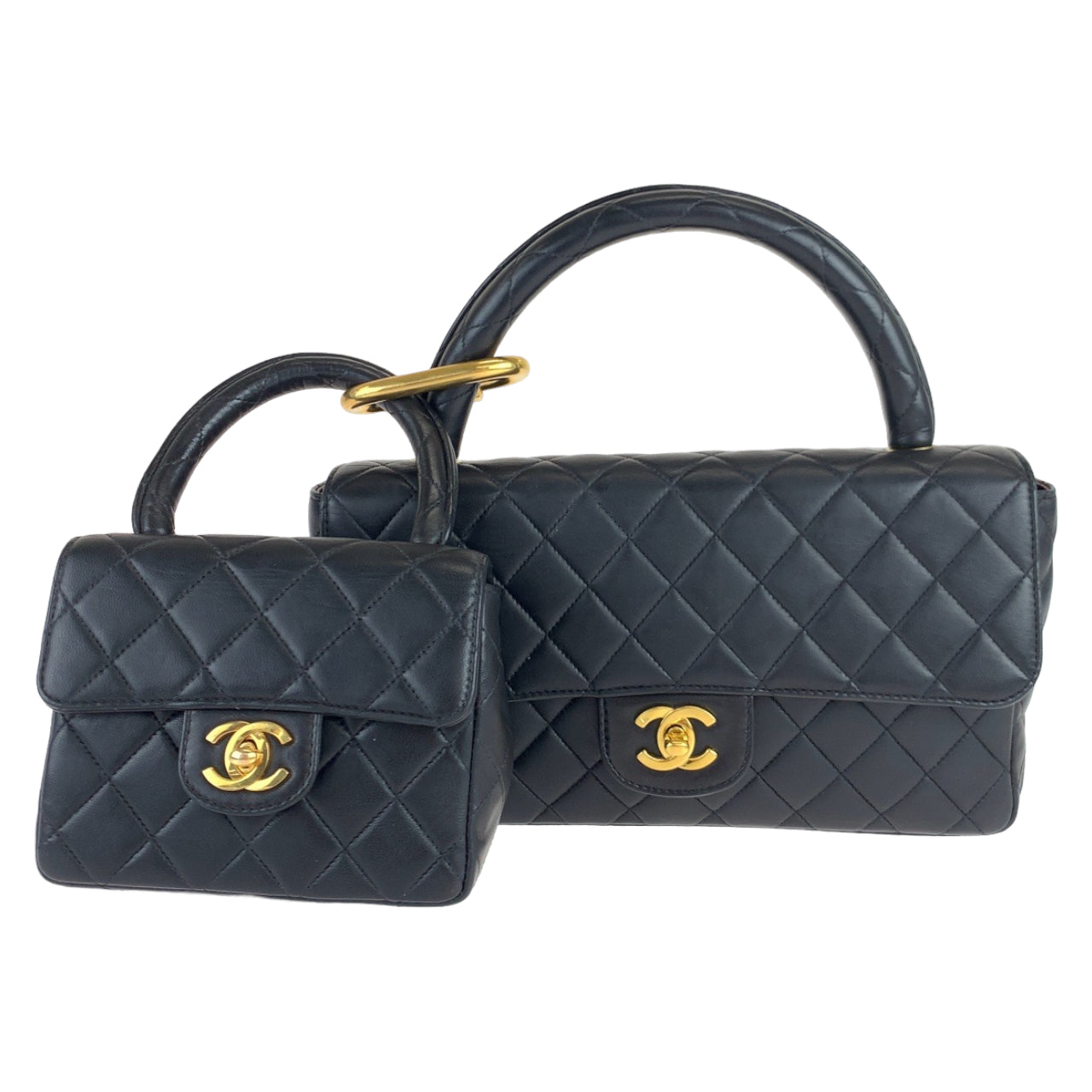H-0154
CHANEL シャネル ヴィンテージ マトラッセ 親子バッグ ココマーク ターンロック ブラック 黒 ゴールド金具 ラムスキン ハンドバッグ  レディース