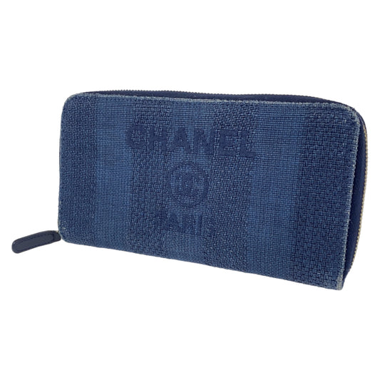 C-018
 CHANEL Deauville Navy Blue Gold Hardware Canvas Long Wallet Round Zipper Women's
