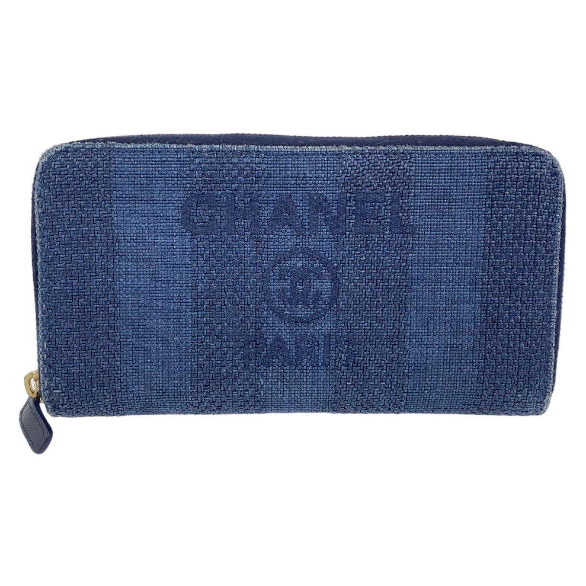 C-018
 CHANEL Deauville Navy Blue Gold Hardware Canvas Long Wallet Round Zipper Women's