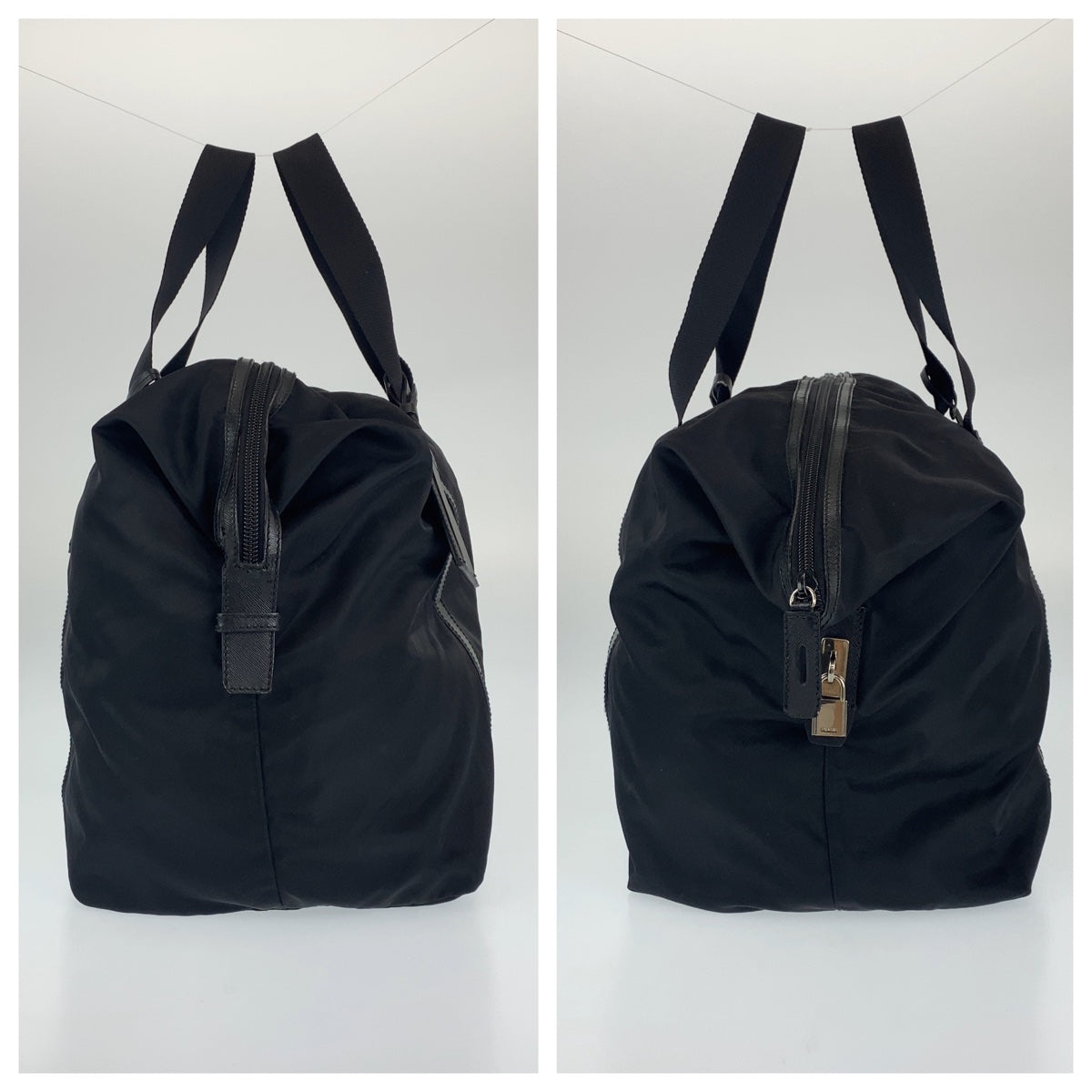 B-113
PRADA プラダ ロゴプレート 男女兼用 ブラック 黒 シルバー金具 ナイロン ボストンバッグ 旅行バッグ  メンズ