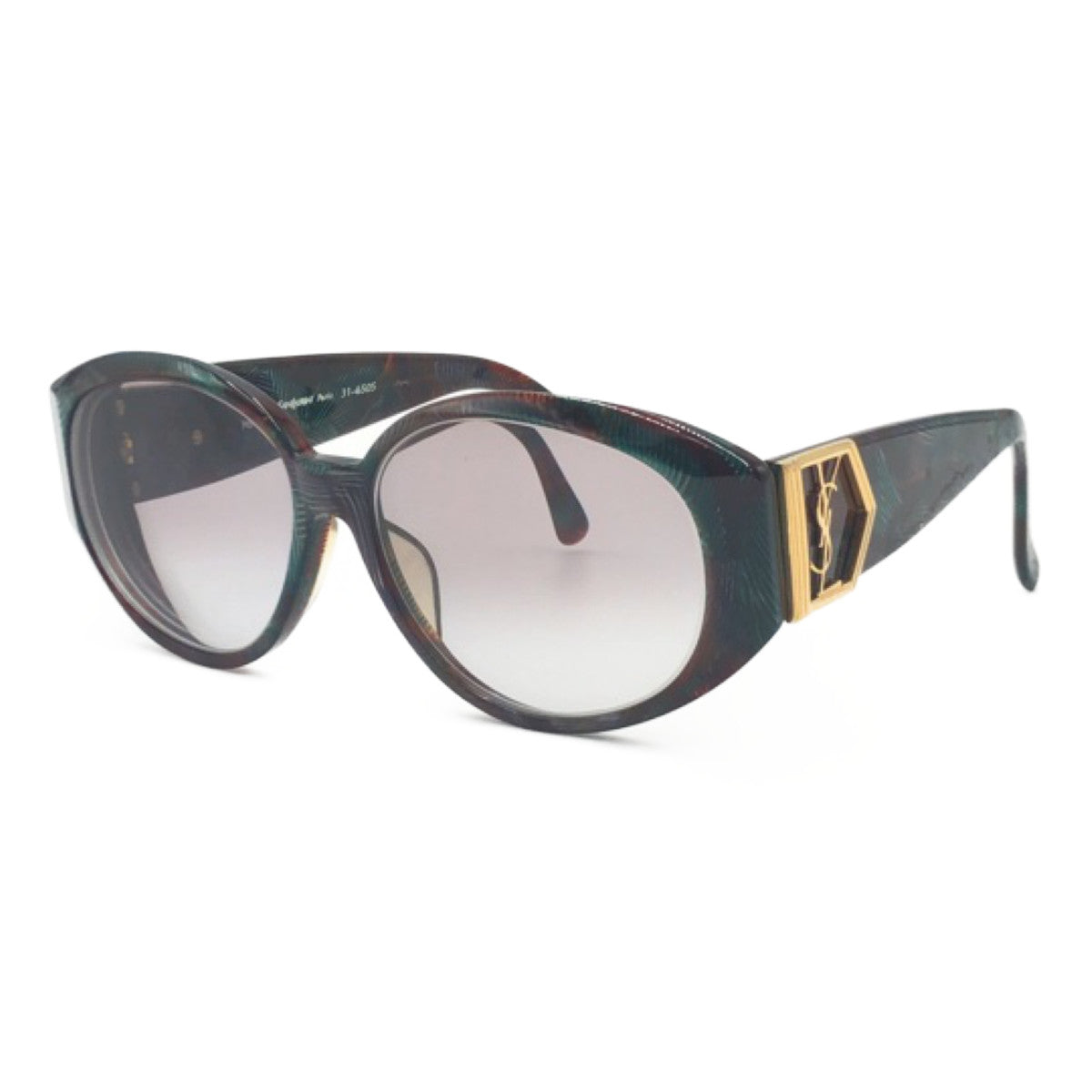 C-222
YVES SAINT LAURENT イヴ・サンローラン グリーン 緑 ブラウン 茶 ゴールド金具 プラスチック 31-6505 サングラス ウェリントン  度あり レディース