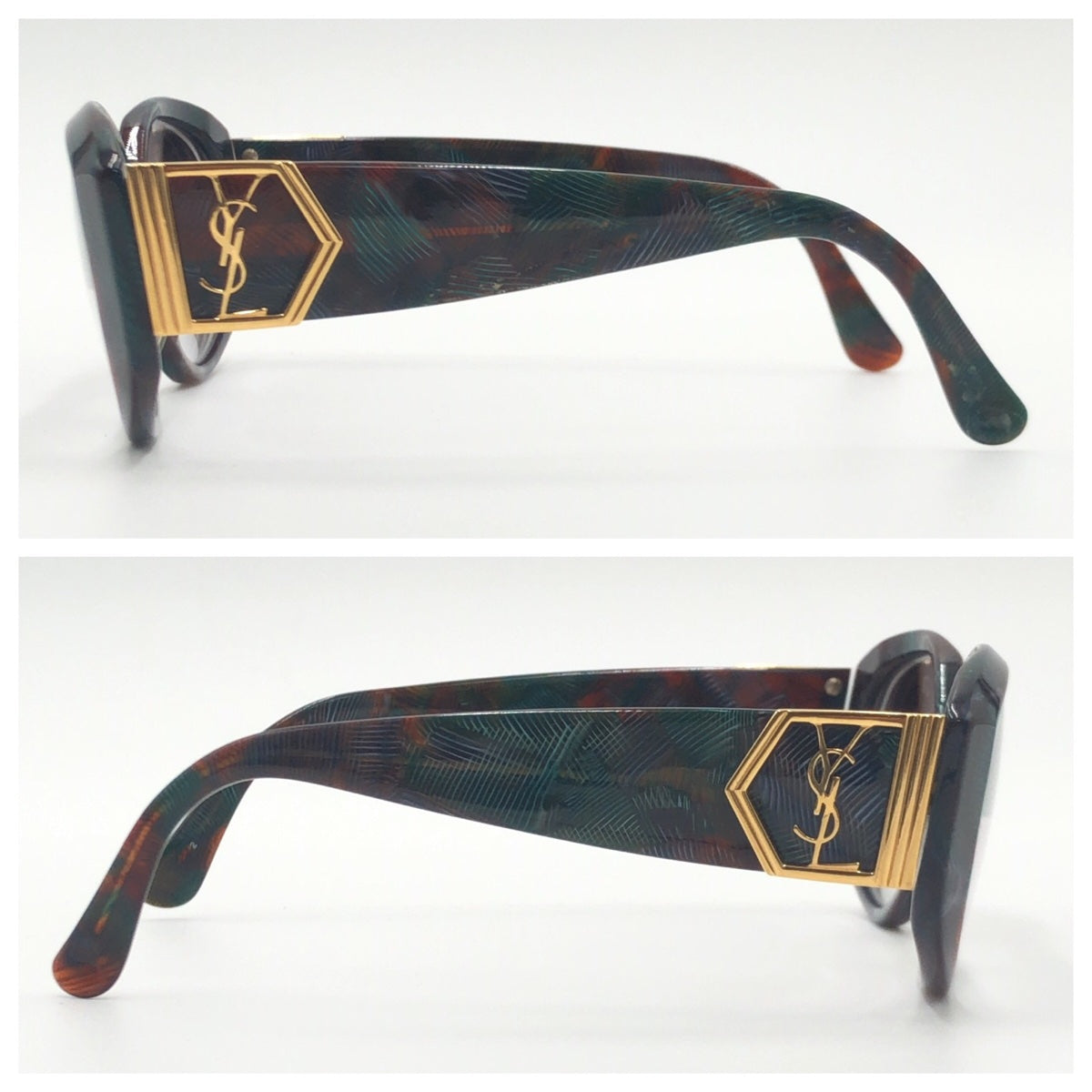 C-222
YVES SAINT LAURENT イヴ・サンローラン グリーン 緑 ブラウン 茶 ゴールド金具 プラスチック 31-6505 サングラス ウェリントン  度あり レディース
