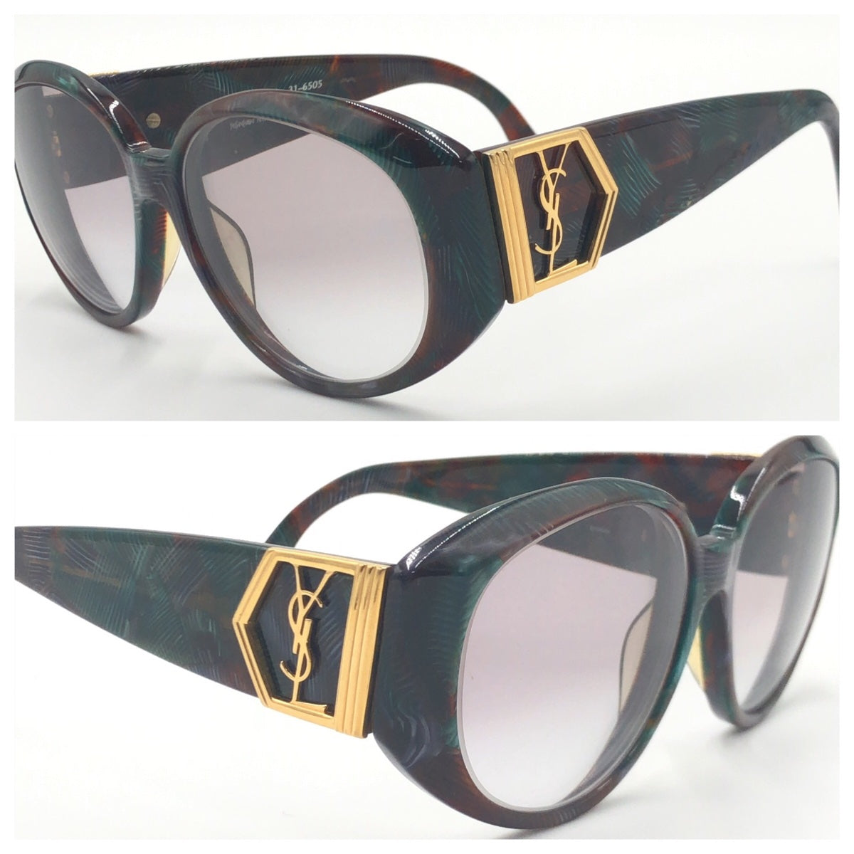C-222
YVES SAINT LAURENT イヴ・サンローラン グリーン 緑 ブラウン 茶 ゴールド金具 プラスチック 31-6505 サングラス ウェリントン  度あり レディース