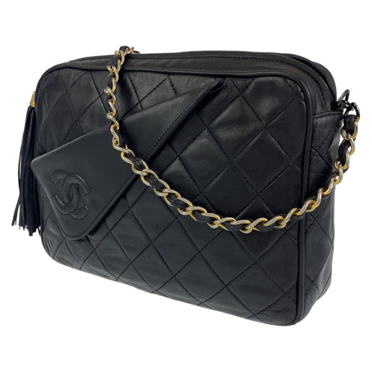 H-0259
CHANEL シャネル ヴィンテージ マトラッセ フリンジ ブラック 黒 ゴールド金具 ラムスキン ショルダーバッグ 斜め掛けバッグ  レディース