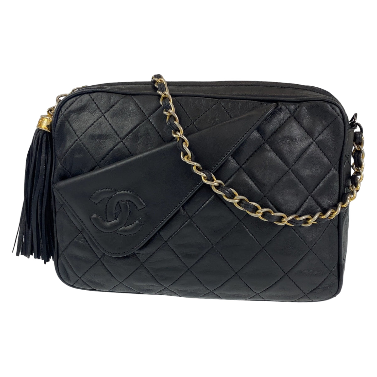 H-0259
CHANEL シャネル ヴィンテージ マトラッセ フリンジ ブラック 黒 ゴールド金具 ラムスキン ショルダーバッグ 斜め掛けバッグ  レディース