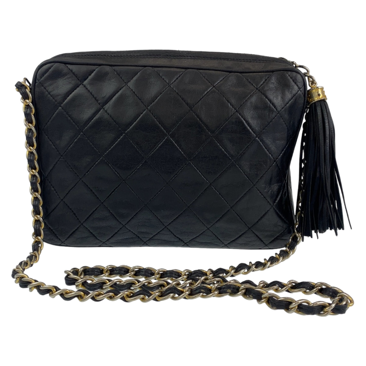 H-0259
CHANEL シャネル ヴィンテージ マトラッセ フリンジ ブラック 黒 ゴールド金具 ラムスキン ショルダーバッグ 斜め掛けバッグ  レディース