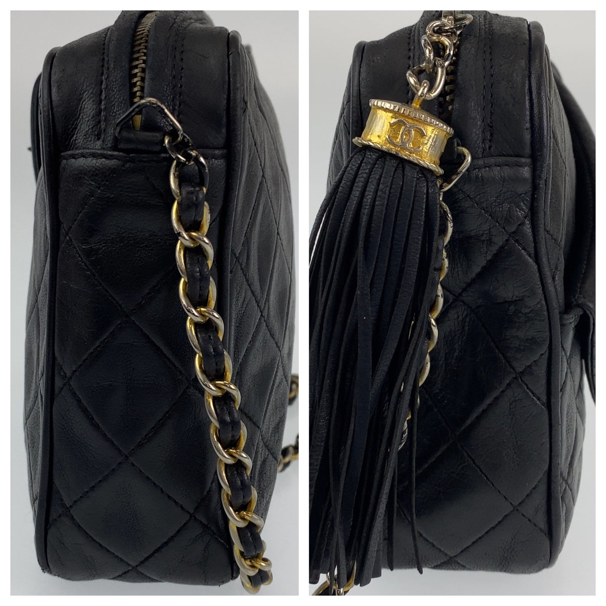 H-0259
CHANEL シャネル ヴィンテージ マトラッセ フリンジ ブラック 黒 ゴールド金具 ラムスキン ショルダーバッグ 斜め掛けバッグ  レディース