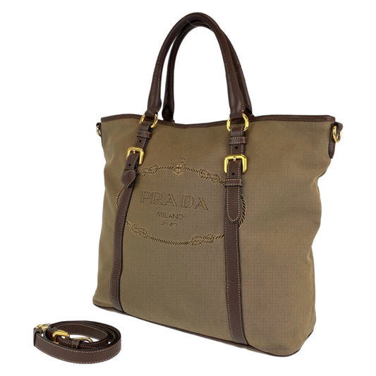 C-102
PRADA プラダ ジャガード カーキ 茶 ゴールド金具 キャンバス / レザー ショルダーバッグ トートバッグ 2WAY  レディース