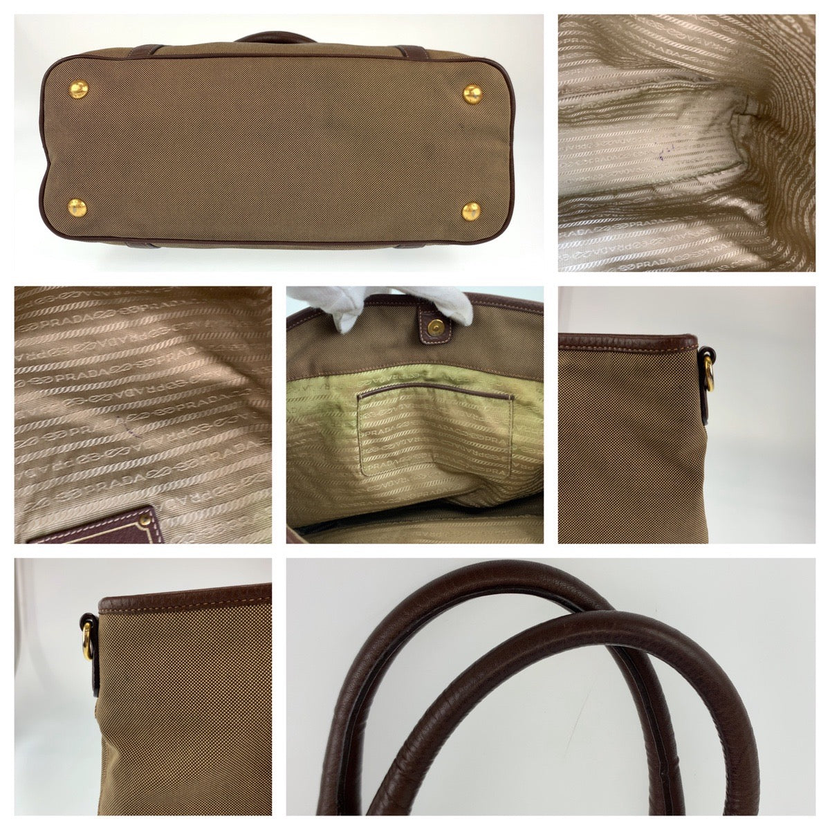 C-102
PRADA プラダ ジャガード カーキ 茶 ゴールド金具 キャンバス / レザー ショルダーバッグ トートバッグ 2WAY  レディース