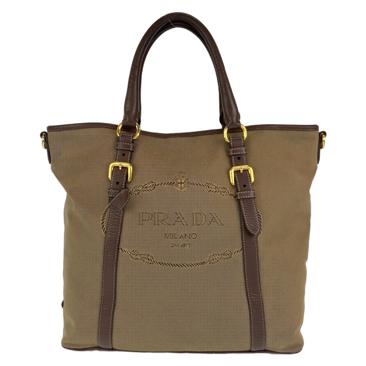 C-102
PRADA プラダ ジャガード カーキ 茶 ゴールド金具 キャンバス / レザー ショルダーバッグ トートバッグ 2WAY  レディース