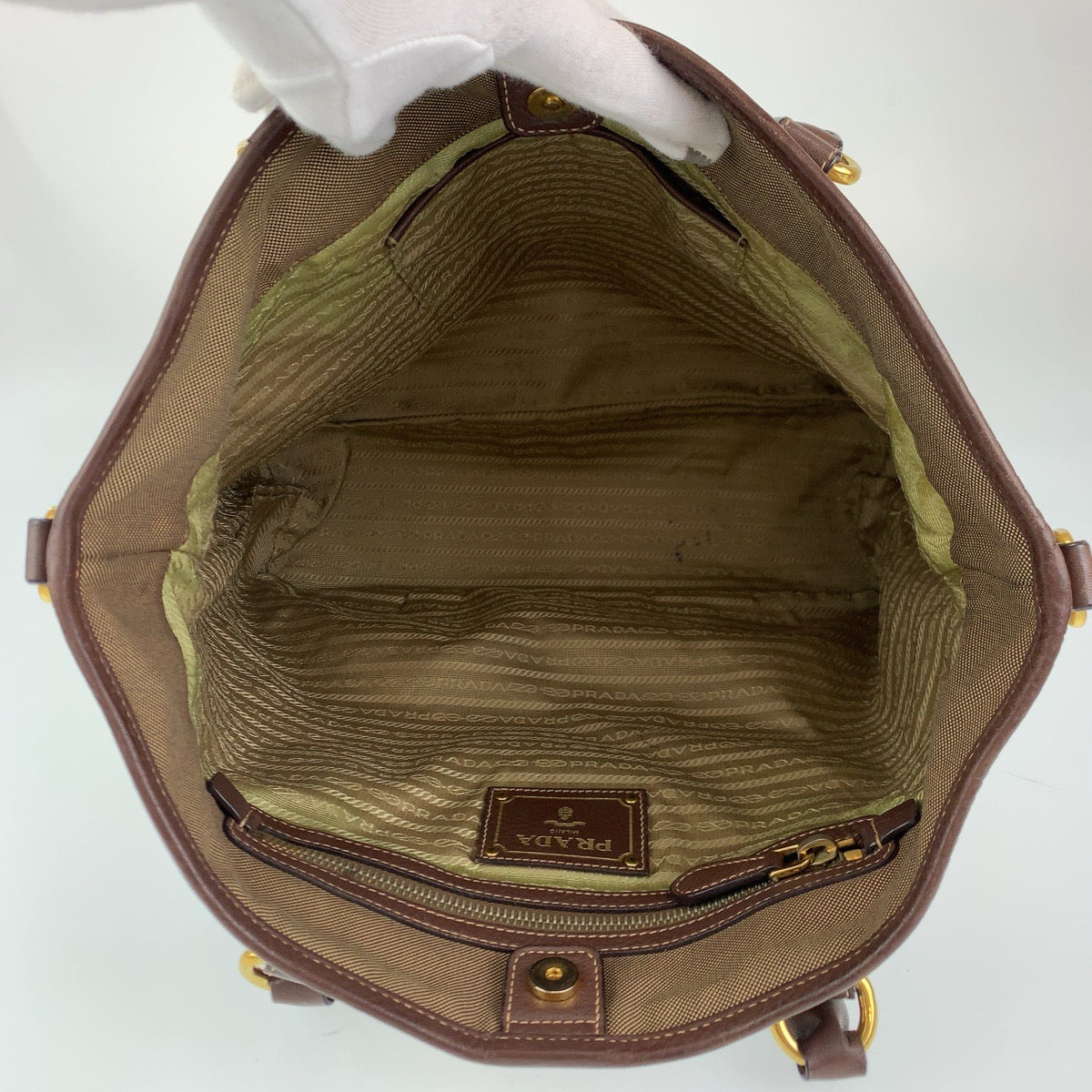 C-102
PRADA プラダ ジャガード カーキ 茶 ゴールド金具 キャンバス / レザー ショルダーバッグ トートバッグ 2WAY  レディース