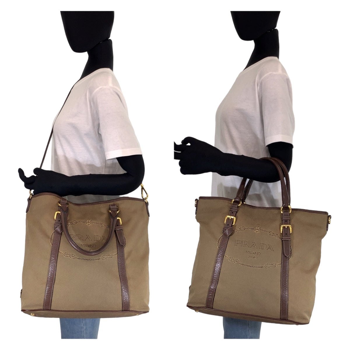 C-102
PRADA プラダ ジャガード カーキ 茶 ゴールド金具 キャンバス / レザー ショルダーバッグ トートバッグ 2WAY  レディース