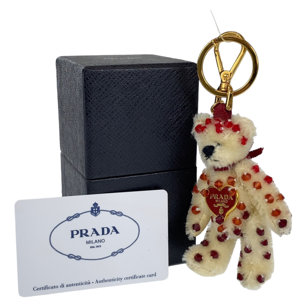 H-0365
PRADA プラダ ホワイト 白 アイボリー 赤 アクリル / ビーズ / ポリエステル 1AR975 キーホルダー キーリング キーチャーム  レディース