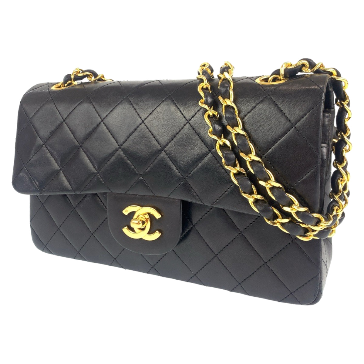 CHANEL シャネル ヴィンテージ マトラッセ23 ダブルフラップ タイムレス ココマーク ターンロック ブラック 黒 ゴールド金具 ラムスキン Wチェーンショルダーバッグ 肩掛け  レディース