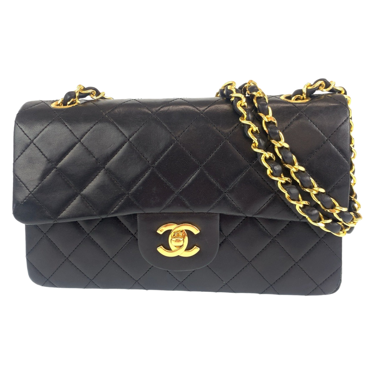 CHANEL シャネル ヴィンテージ マトラッセ23 ダブルフラップ タイムレス ココマーク ターンロック ブラック 黒 ゴールド金具 ラムスキン Wチェーンショルダーバッグ 肩掛け  レディース