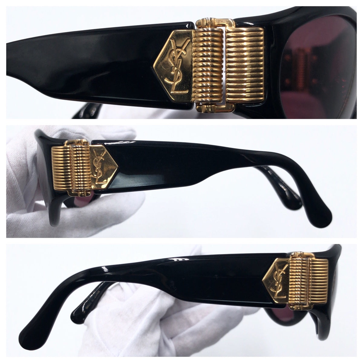 C-216
YVES SAINT LAURENT イヴ・サンローラン 男女兼用 ブラック 黒 ゴールド金具 プラスチック 31-6509 サングラス オーバル  レディース