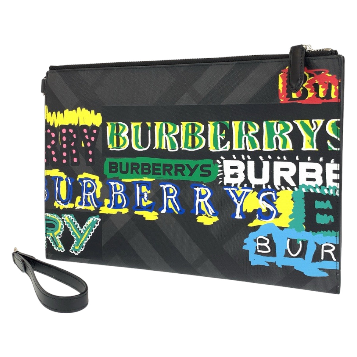H-0400
BURBERRY バーバリー グラフィックプリント ブラック 黒 マルチカラー PVC クラッチバッグ セカンドバッグ  メンズ