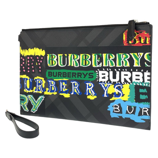 H-0400
BURBERRY バーバリー グラフィックプリント ブラック 黒 マルチカラー PVC クラッチバッグ セカンドバッグ  メンズ