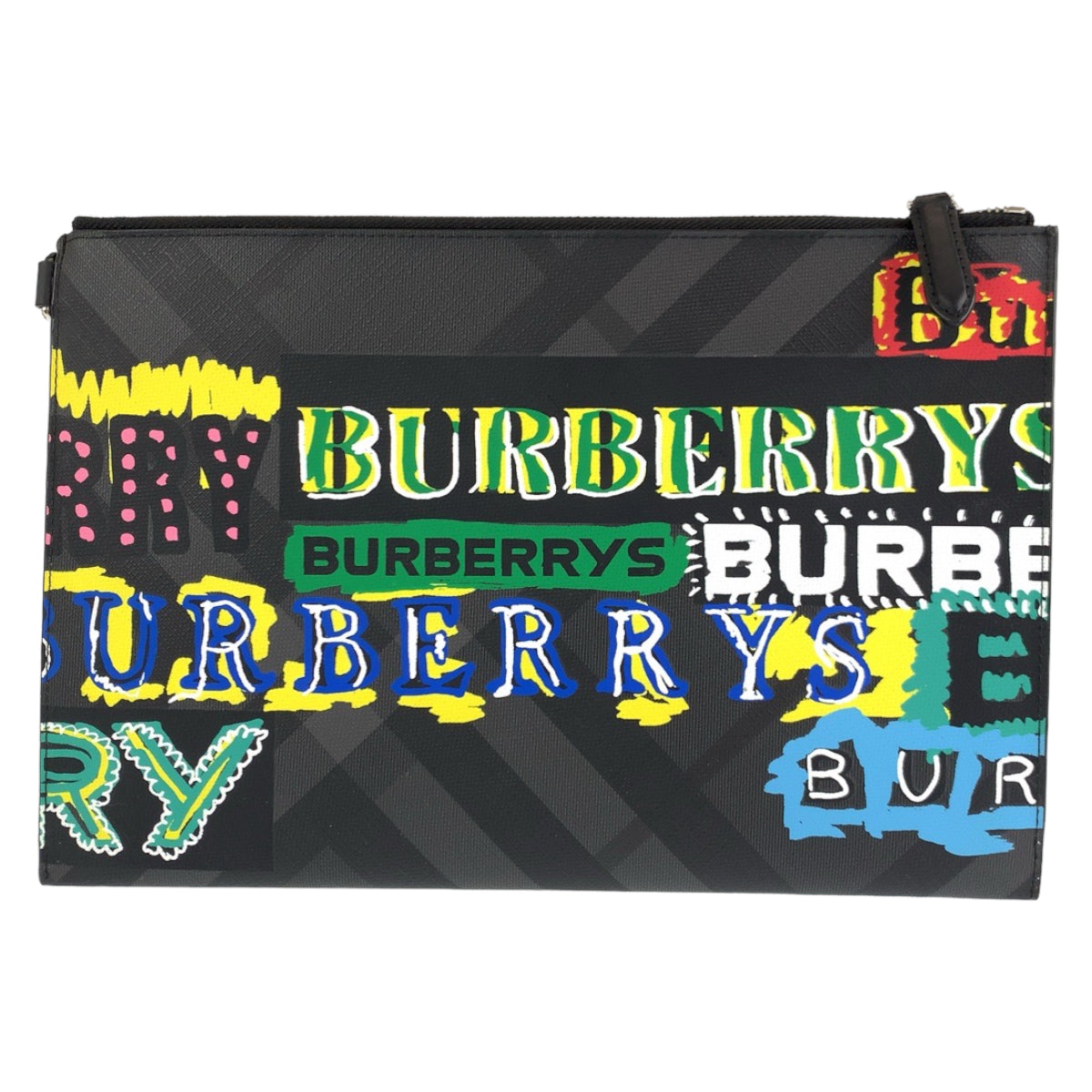 H-0400
BURBERRY バーバリー グラフィックプリント ブラック 黒 マルチカラー PVC クラッチバッグ セカンドバッグ  メンズ