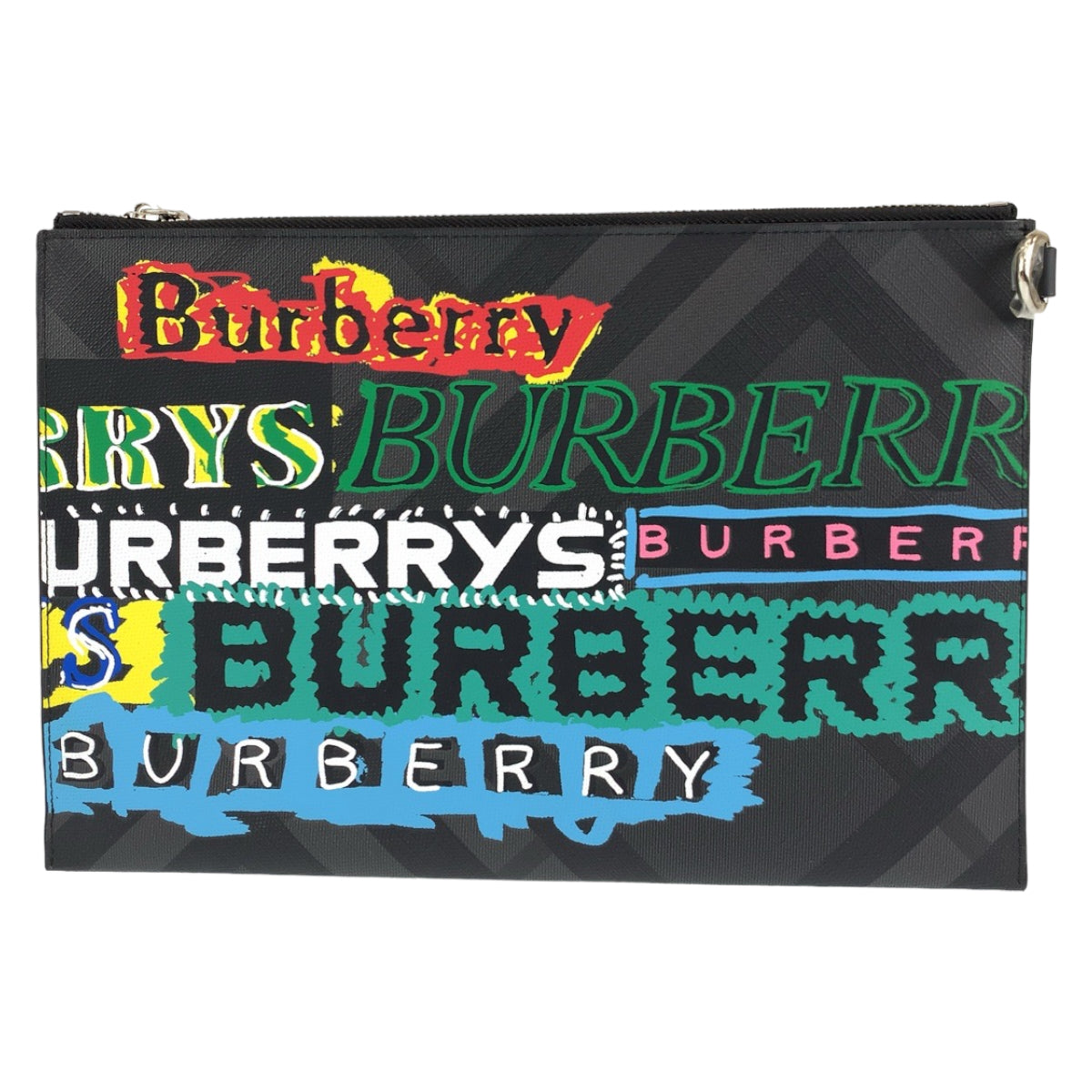 H-0400
BURBERRY バーバリー グラフィックプリント ブラック 黒 マルチカラー PVC クラッチバッグ セカンドバッグ  メンズ