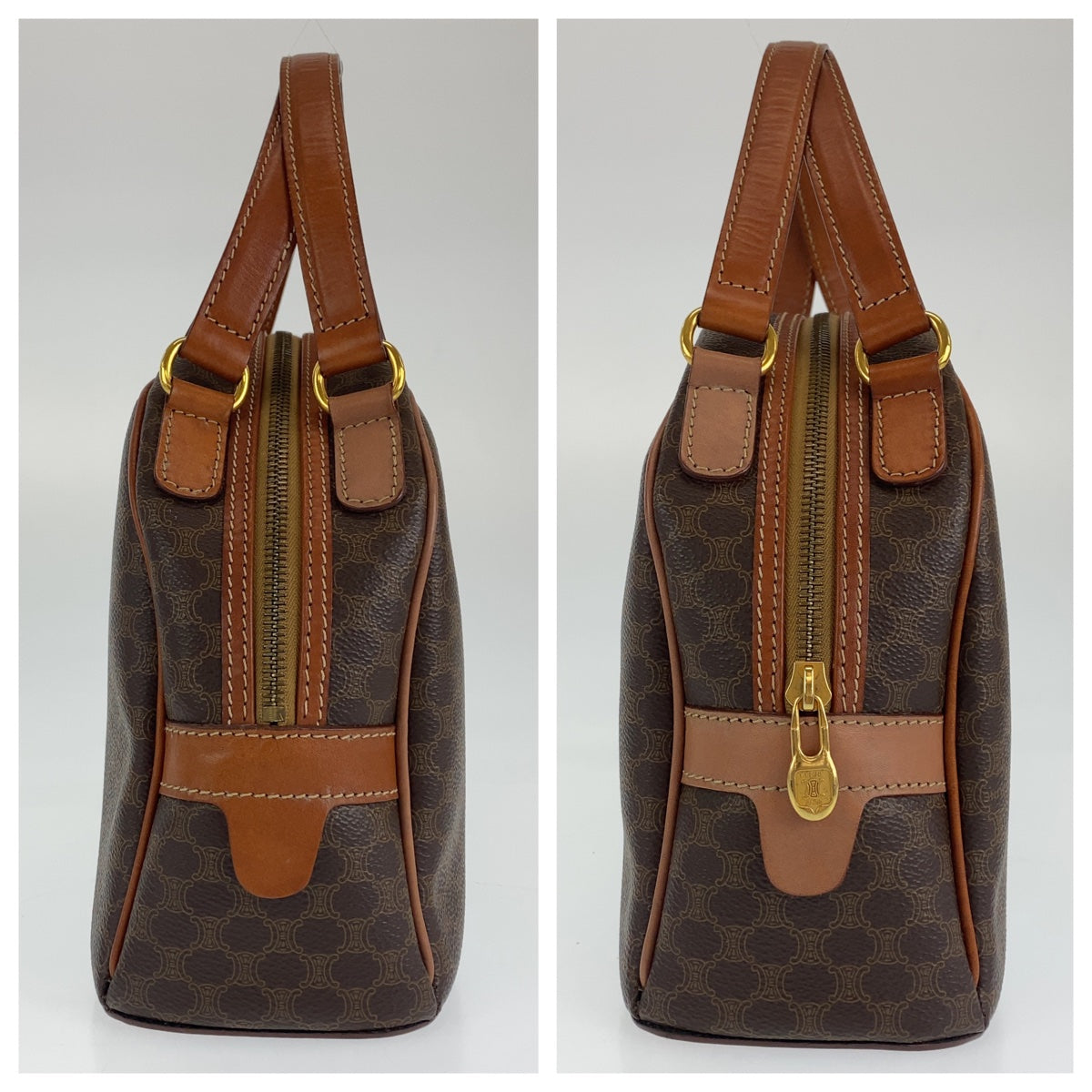 H-0409
CELINE セリーヌ マカダム ブラウン 茶 ベージュ ゴールド金具 PVC ハンドバッグ トートバッグ  レディース