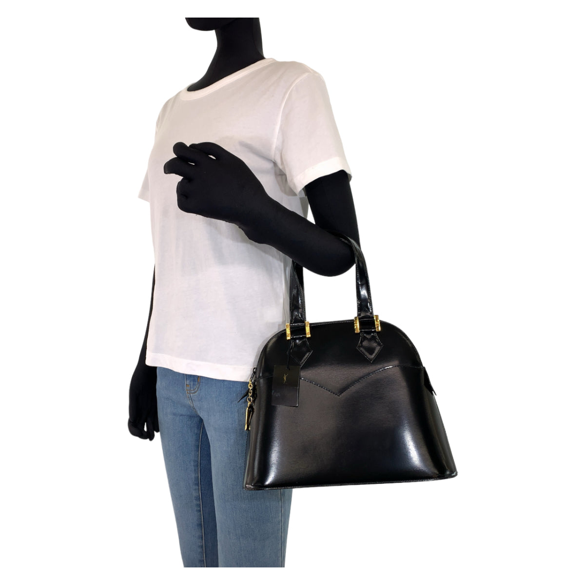 YVES SAINT LAURENT イヴ・サンローラン ヴィンテージ YSL ロゴチャーム ブラック 黒 ゴールド金具 レザー ハンドバッグ トートバッグ  レディース