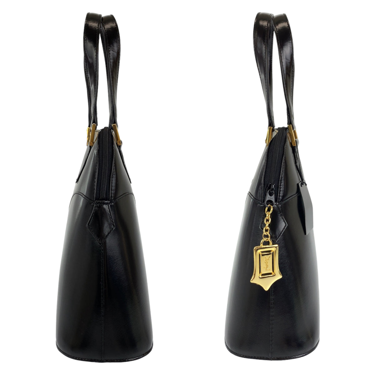 YVES SAINT LAURENT イヴ・サンローラン ヴィンテージ YSL ロゴチャーム ブラック 黒 ゴールド金具 レザー ハンドバッグ トートバッグ  レディース