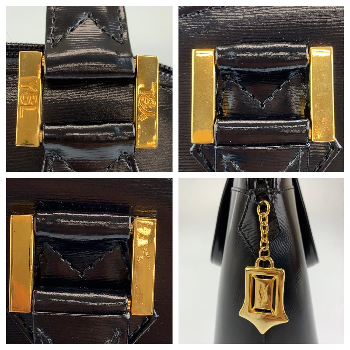 YVES SAINT LAURENT イヴ・サンローラン ヴィンテージ YSL ロゴチャーム ブラック 黒 ゴールド金具 レザー ハンドバッグ トートバッグ  レディース