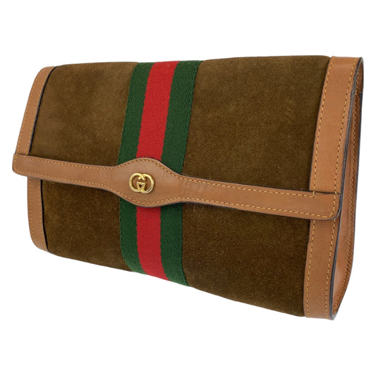 H-0425
GUCCI グッチ シェリーライン グッチパフューム ブラウン 茶 ゴールド金具 スウェード / レザー クラッチバッグ セカンドバッグ  レディース