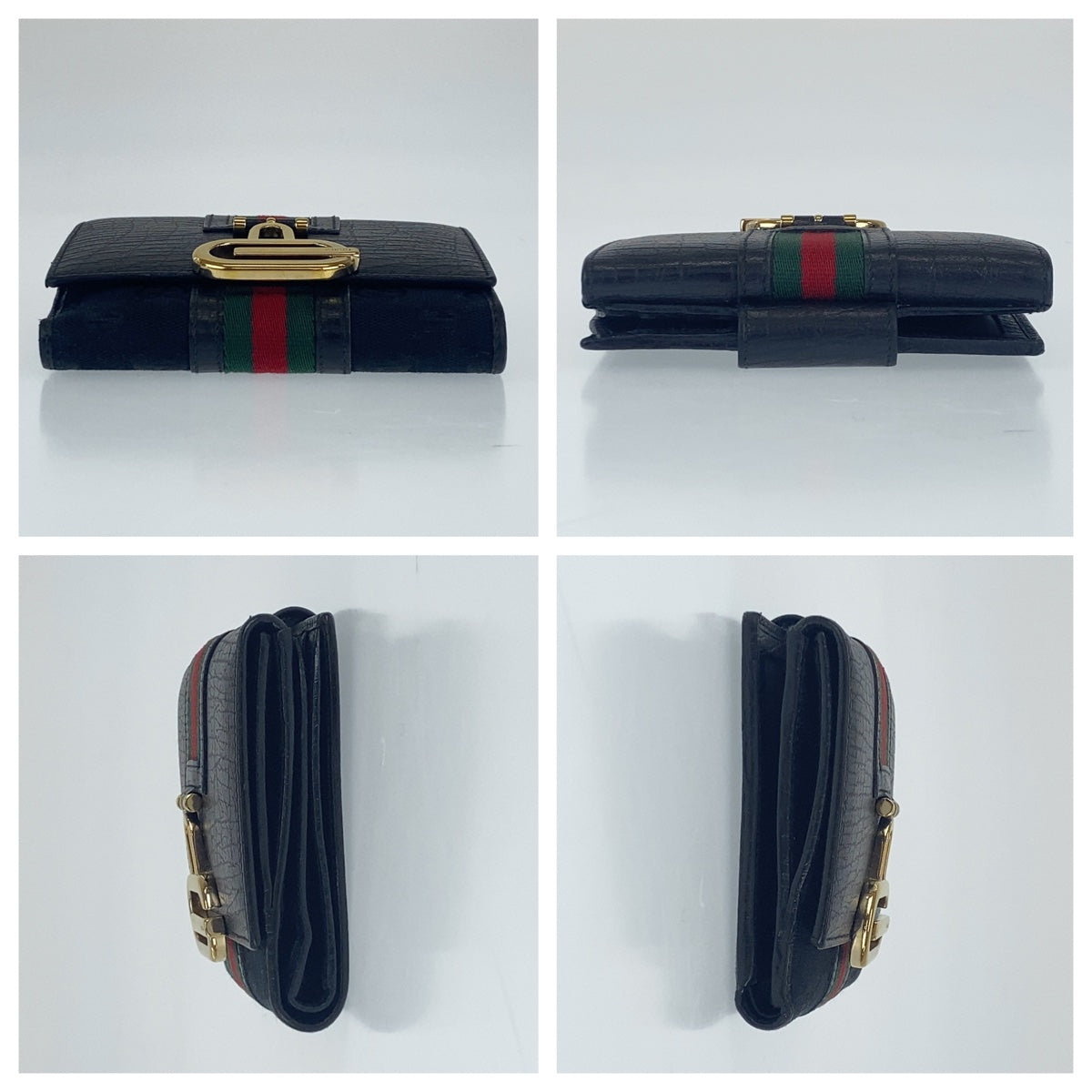 C-034
 GUCCI Gucci Sherry Line Black Canvas/Leather Tri-fold Wallet Unisex Women's