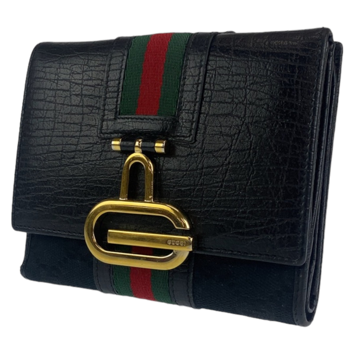 C-034
 GUCCI Gucci Sherry Line Black Canvas/Leather Tri-fold Wallet Unisex Women's