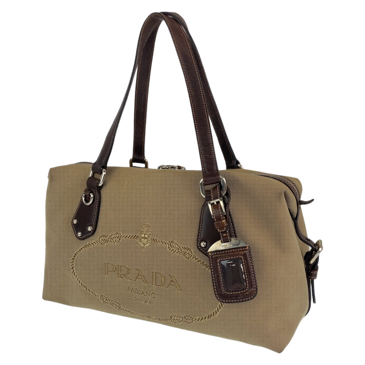 C-094
PRADA プラダ ロゴジャガード ベージュ ブラウン 茶 シルバー金具 キャンバス / レザー BR3461 ハンドバッグ トートバッグ  レディース