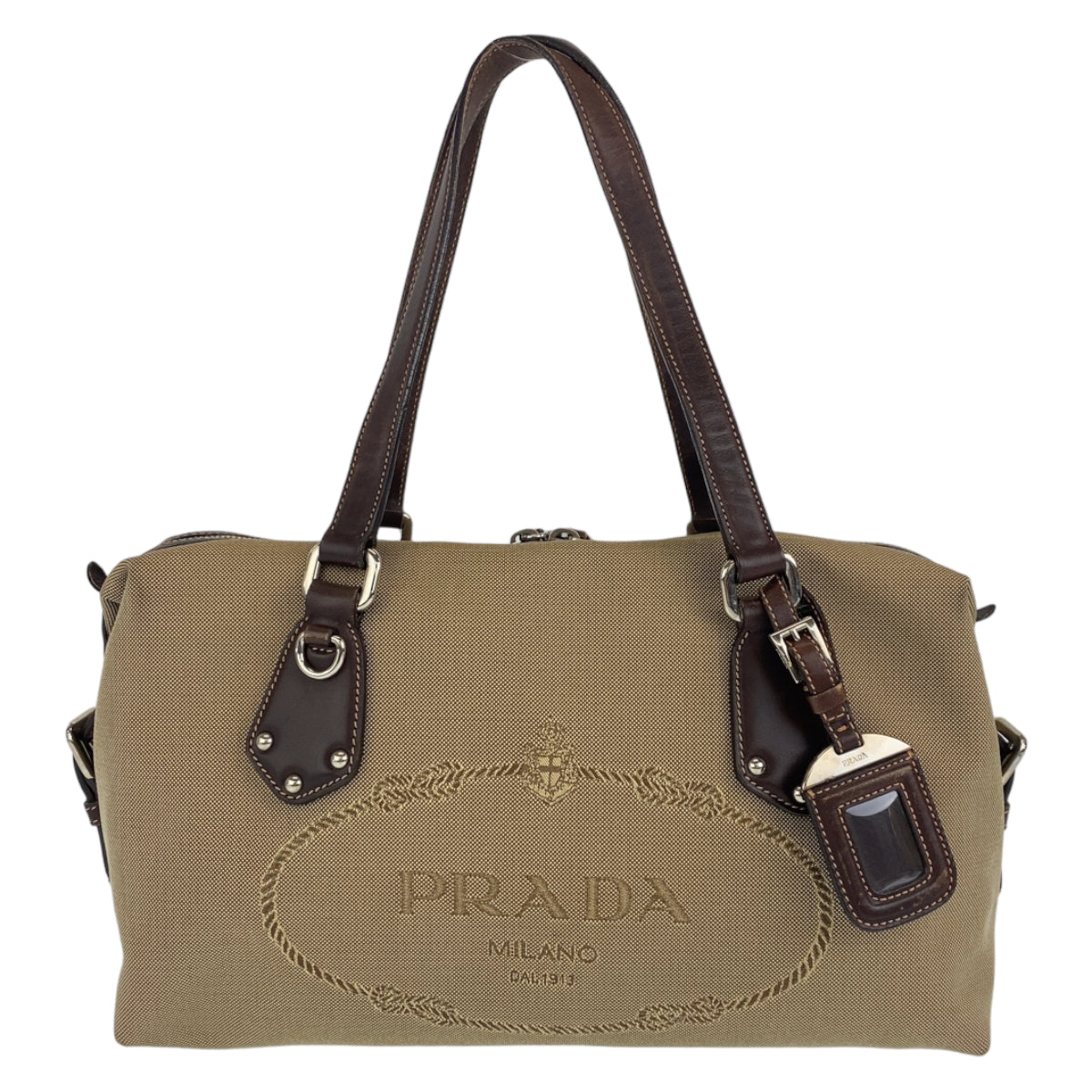 C-094
PRADA プラダ ロゴジャガード ベージュ ブラウン 茶 シルバー金具 キャンバス / レザー BR3461 ハンドバッグ トートバッグ  レディース
