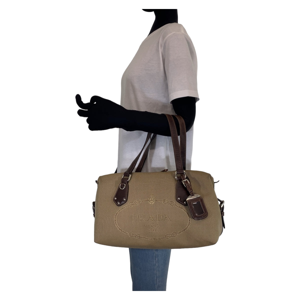 C-094
PRADA プラダ ロゴジャガード ベージュ ブラウン 茶 シルバー金具 キャンバス / レザー BR3461 ハンドバッグ トートバッグ  レディース